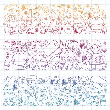 Küçük çocuklar için yemek pişirme kursunun vektör kalıbı. Çocuk simgeleri. Sağlıklı beslenme.