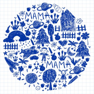 Komik çocuk çizim ile Anaokulu desen. Vektör illüstrasyon. Çocuklar oynar ve büyür.