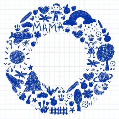 Komik çocuk çizim ile Anaokulu desen. Vektör illüstrasyon. Çocuklar oynar ve büyür.