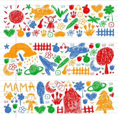 Komik çocuk çizim ile Anaokulu desen. Vektör illüstrasyon. Çocuklar oynar ve büyür.