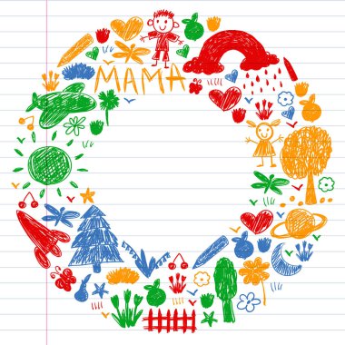 Komik çocuk çizim ile Anaokulu desen. Vektör illüstrasyon. Çocuklar oynar ve büyür.