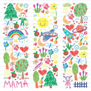 Komik çocuk çizim ile Anaokulu desen. Vektör illüstrasyon. Çocuklar oynar ve büyür.