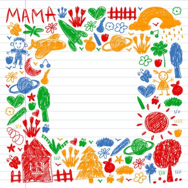 Komik çocuk çizim ile Anaokulu desen. Vektör illüstrasyon. Çocuklar oynar ve büyür.