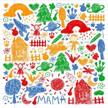 Komik çocuk çizim ile Anaokulu desen. Vektör illüstrasyon. Çocuklar oynar ve büyür.