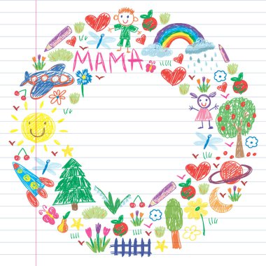 Komik çocuk çizim ile Anaokulu desen. Vektör illüstrasyon. Çocuklar oynar ve büyür.