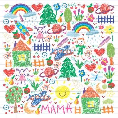 Komik çocuk çizim ile Anaokulu desen. Vektör illüstrasyon. Çocuklar oynar ve büyür.