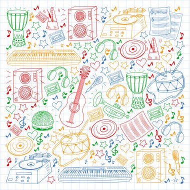 Çevrimiçi müzik okulu. Rock, caz, disko, karaoke. Modern ve klasik müzik. Doodle biçim simgeleri.