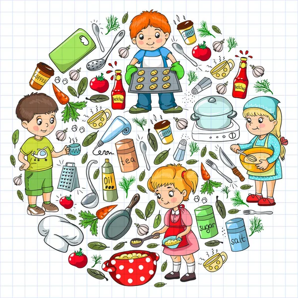 Modello vettoriale con corso di cucina per bambini piccoli. Icone per bambini. Note di alimentazione . — Vettoriale Stock