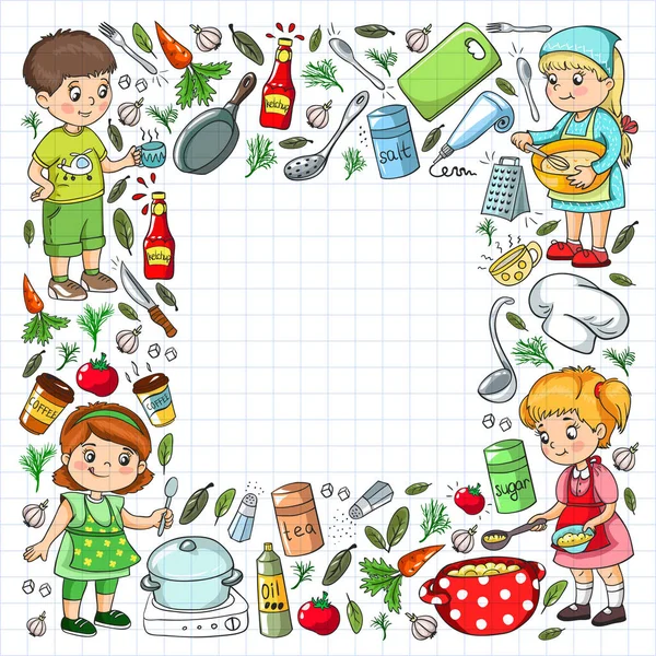 Patrón vectorial con clase de cocina para niños pequeños. Iconos para niños. Alimentación saludable . — Vector de stock