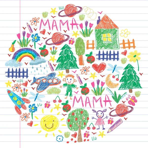 Komik çocuk çizim ile Anaokulu desen. Vektör illüstrasyon. Çocuklar oynar ve büyür.