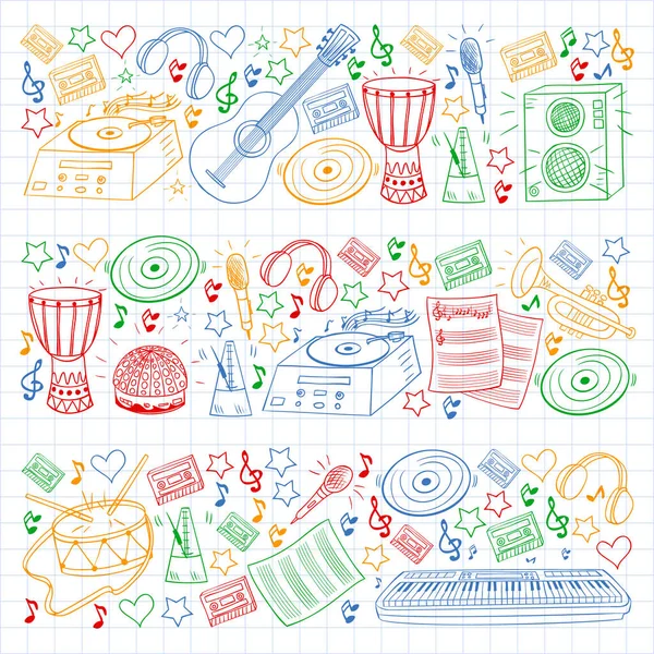 Escuela de música online. Rock, jazz, disco, karaoke. Música moderna y clásica. Iconos estilo Doodle . — Vector de stock