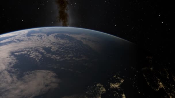 Utsikt från satellit flyger över planeten jorden från rymden 3D illustration omloppsbana utsikt, vår planet från omloppsbanan. Delar av denna bild tillhandahålls av NASA — Stockvideo