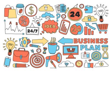 Çevrimiçi ticaret ve yönetim okulu. Finans simgeleriyle desen. Proje organizasyonu, risk, gelişme. Takım çalışması, bütçe planlaması.