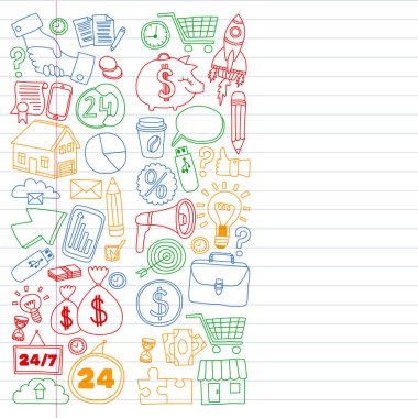 Çevrimiçi ticaret ve yönetim okulu. Finans simgeleriyle desen. Proje organizasyonu, risk, gelişme. Takım çalışması, bütçe planlaması.