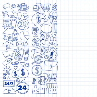 Çevrimiçi ticaret ve yönetim okulu. Finans simgeleriyle desen. Proje organizasyonu, risk, gelişme. Takım çalışması, bütçe planlaması.