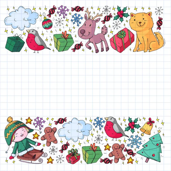 Christmas pattern with little children. Kids play and have fun during winter vacations. — Stock Vector