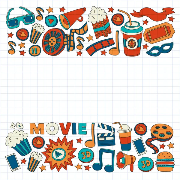 Iconos vectoriales de cine en línea. Fondo con palomitas de maíz, ilustración de películas, notas musicales . — Archivo Imágenes Vectoriales