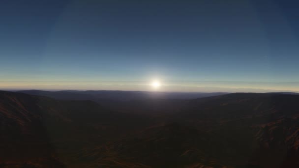Zachód słońca pustynny krajobraz z górskich sylwetek przed fantastycznym ustawieniem słońca tle. Ilustracja 3D zachód słońca — Wideo stockowe