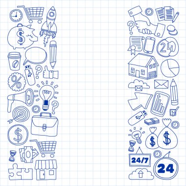 Çevrimiçi ticaret ve yönetim okulu. Finans simgeleriyle desen. Proje organizasyonu, risk, gelişme. Takım çalışması, bütçe planlaması.