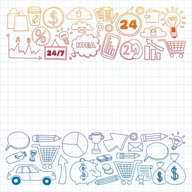 Çevrimiçi ticaret ve yönetim okulu. Finans simgeleriyle desen. Proje organizasyonu, risk, gelişme. Takım çalışması, bütçe planlaması.