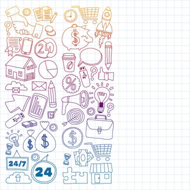 Çevrimiçi ticaret ve yönetim okulu. Finans simgeleriyle desen. Proje organizasyonu, risk, gelişme. Takım çalışması, bütçe planlaması.