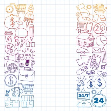 Çevrimiçi ticaret ve yönetim okulu. Finans simgeleriyle desen. Proje organizasyonu, risk, gelişme. Takım çalışması, bütçe planlaması.