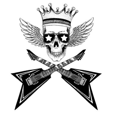 Gitarlı kanatlı vektör kafatası. Gömlek için logo, müzikal poster.