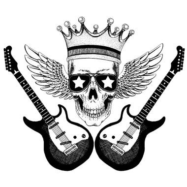 Gitarlı kanatlı vektör kafatası. Gömlek için logo, müzikal poster.