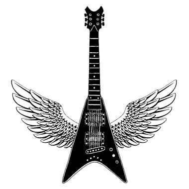 Elektro vektör gitar. Müzik okulu amblemi, müzik festivali. Heavy metal, rock, jazz.