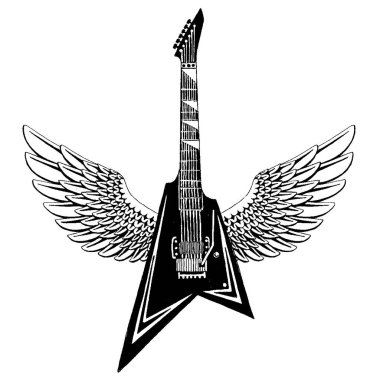 Elektro vektör gitar. Müzik okulu amblemi, müzik festivali. Heavy metal, rock, jazz.