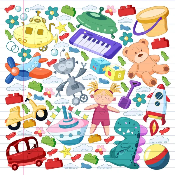 Ensemble vectoriel avec icônes de jouets. Modèle pour la maternelle, petits enfants. Les enfants jouent . — Image vectorielle