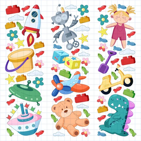 Conjunto de vectores con iconos de juguetes. Patrón para el jardín de infantes, niños pequeños. Niños jugando . — Archivo Imágenes Vectoriales