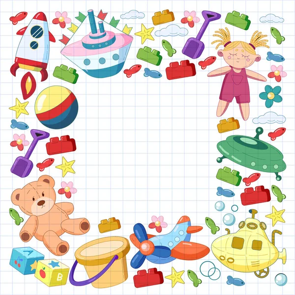 Conjunto de vectores con iconos de juguetes. Patrón para el jardín de infantes, niños pequeños. Niños jugando . — Vector de stock