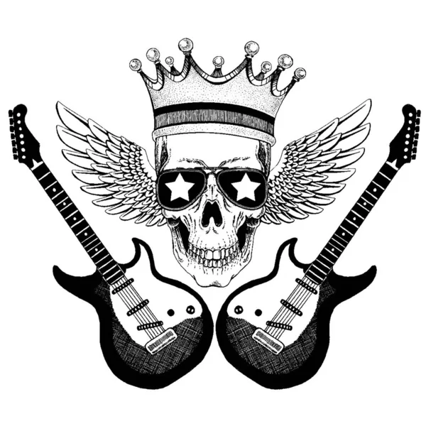 Vector skull with wings in crown with guitars. Logo for shirt, musical poster — Stock Vector