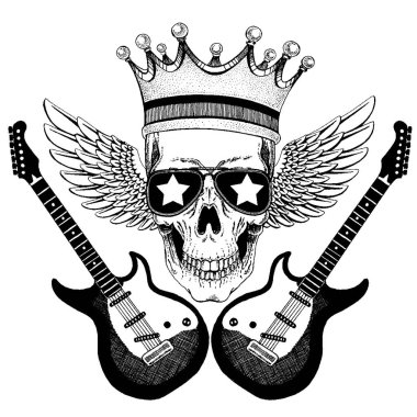 Gitarlı kanatlı vektör kafatası. Gömlek için logo, müzikal poster.