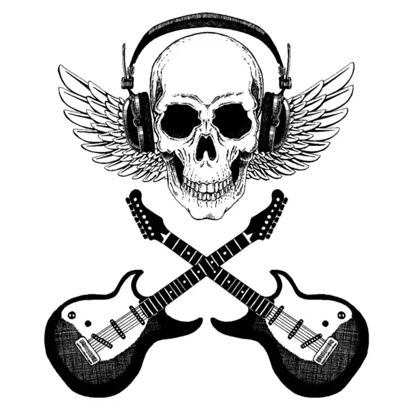 Crâne vecteur. Roi de la musique rock. Symbole en métal lourd avec ailes . — Image vectorielle