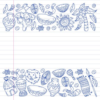 Afiş ve posterler için Vektör afrika kabile desen. Hayvanların simgeleri ve çocuklar için geleneksel unsurlar kumaş, giysi, tekstil. Seyahat ve macera