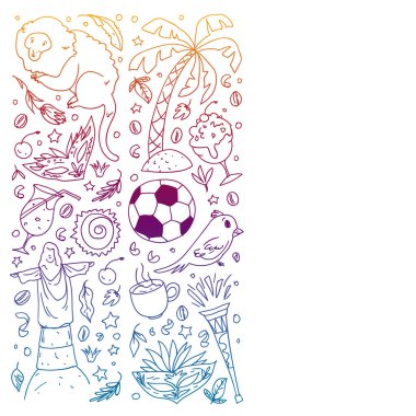Brezilya ile boyama sayfası. Ülkeyi simgeleyen vektör çizimleri. Futbol, İsa heykeli, maske, maymun, futbol.