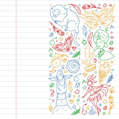 Brezilya 'nın sembollü karalama şekli. Futbol, İsa heykeli, maske, maymun, futbol.