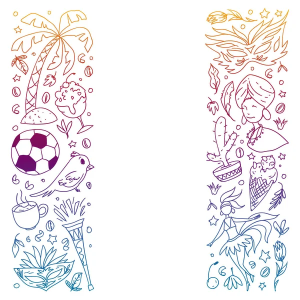 Kleurplaat met Brazilië. Vector doodle patroon met symbolen van land. Voetbal, standbeeld van Jezus, masker, aap, voetbal. — Stockvector