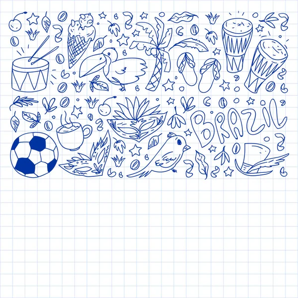 Brazilië vector doodle patroon met symbolen van land. Voetbal, standbeeld van Jezus, masker, aap, voetbal. — Stockvector