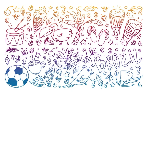 与巴西的彩色页面。带有国家符号的矢量涂鸦模式。足球，耶稣的雕像，面具，猴子，足球. — 图库矢量图片