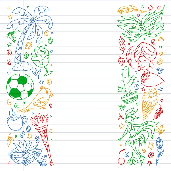 Brasilien Vektor Doodle Muster mit Symbolen des Landes. Fußball, Jesusstatue, Maske, Affe, Fußball. — Stockvektor
