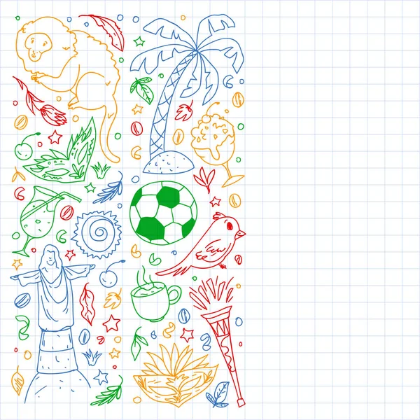 Brasil vector garabato patrón con símbolos de país. Fútbol, estatua de Jesús, máscara, mono, fútbol . — Vector de stock
