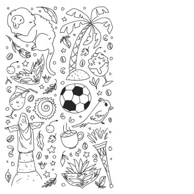 Brezilya ile boyama sayfası. Ülkeyi simgeleyen vektör çizimleri. Futbol, İsa heykeli, maske, maymun, futbol.