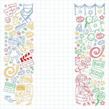 İnternet sinemasında ambalaj kağıtları, posterler, afişler ve broşürler için vektör simgeleri var. 3D film, televizyon, müzikal..