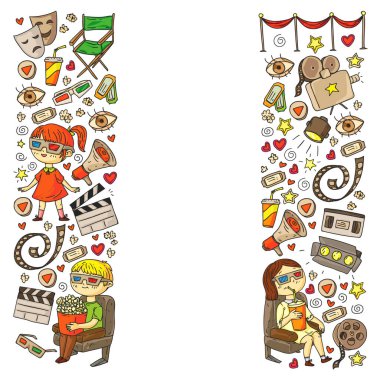 İnternet sinemasında ambalaj kağıtları, posterler, afişler ve broşürler için vektör simgeleri var. 3D film, televizyon, müzikal..