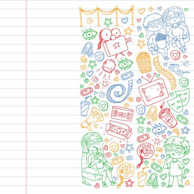 Ambalaj kağıdı, posterler, afişler, broşürler için vektör simgeleri ile Sinema deseni. 3d film, tv, müzikal.