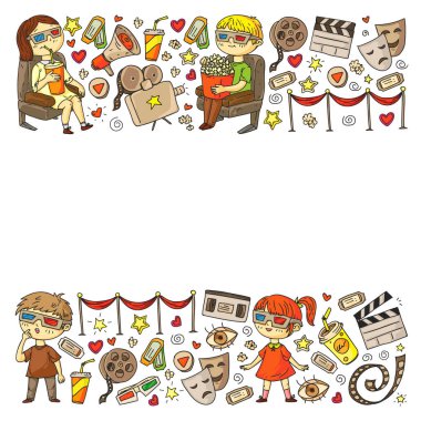 İnternet sinemasında ambalaj kağıtları, posterler, afişler ve broşürler için vektör simgeleri var. 3D film, televizyon, müzikal..