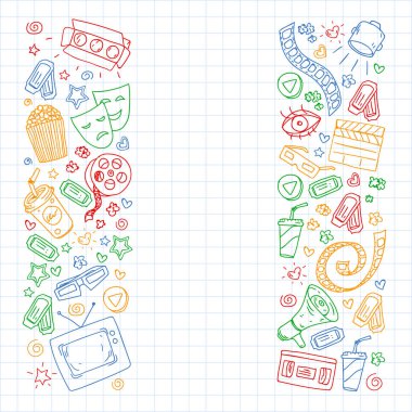 İnternet sinemasında ambalaj kağıtları, posterler, afişler ve broşürler için vektör simgeleri var. 3D film, televizyon, müzikal..